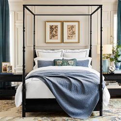 Canopy Bed with Slate Blue Accents and Botanical Diptych