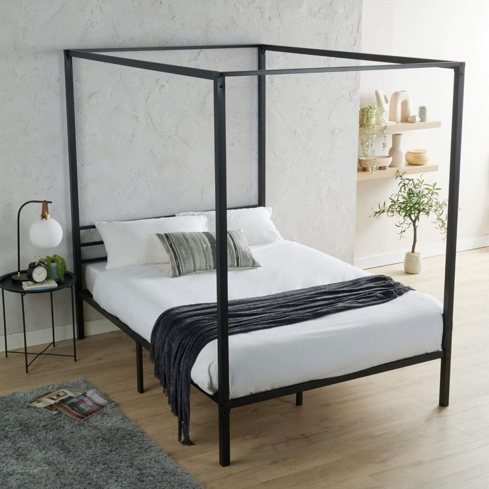 Canopy Bed with Slim Architectural Lines and Metal Base