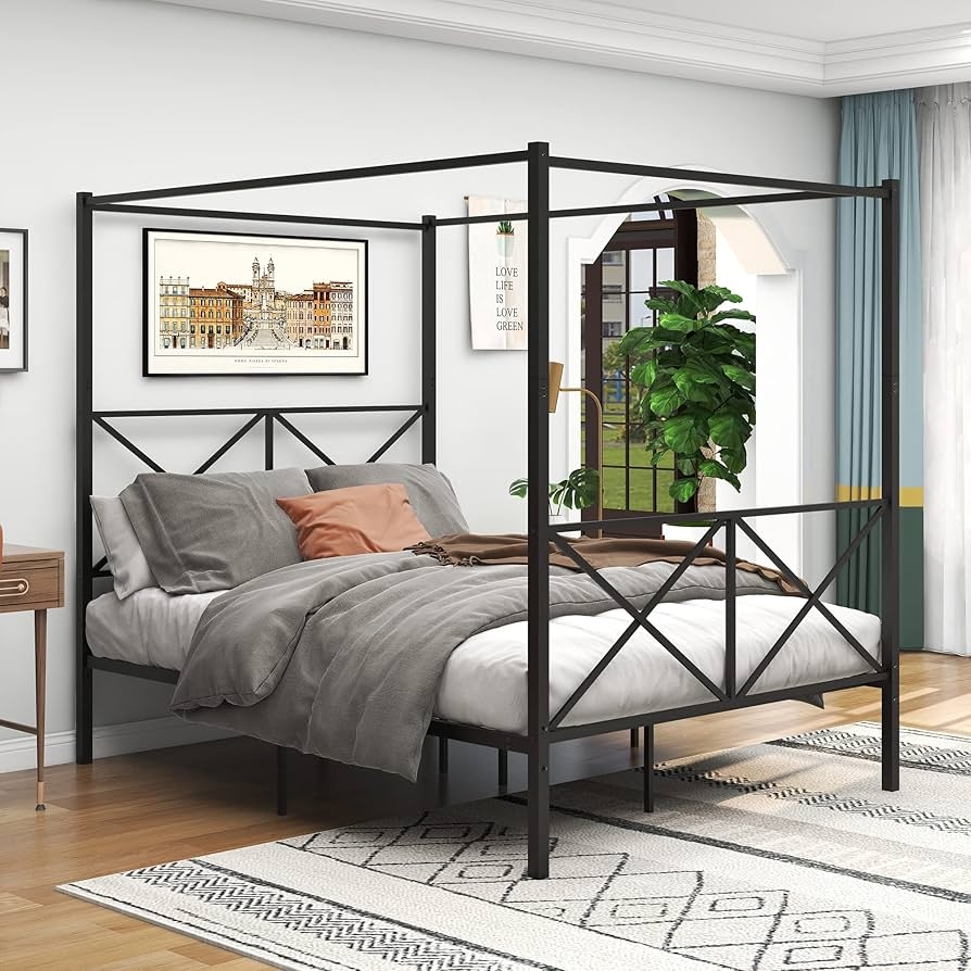 Canopy Bed with X Shaped Headboard and Metal Platform