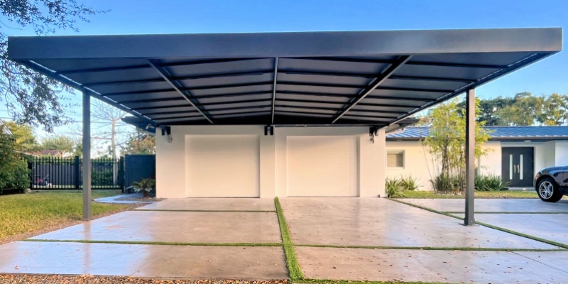 Carport Matte Black Flat Roofline Turf Infill Driveway