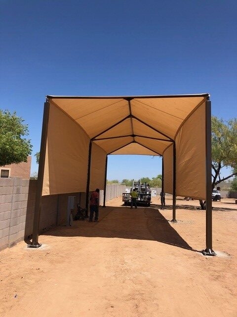 Carport Shade Tan Beige Hip and Ridge Roof Clearance