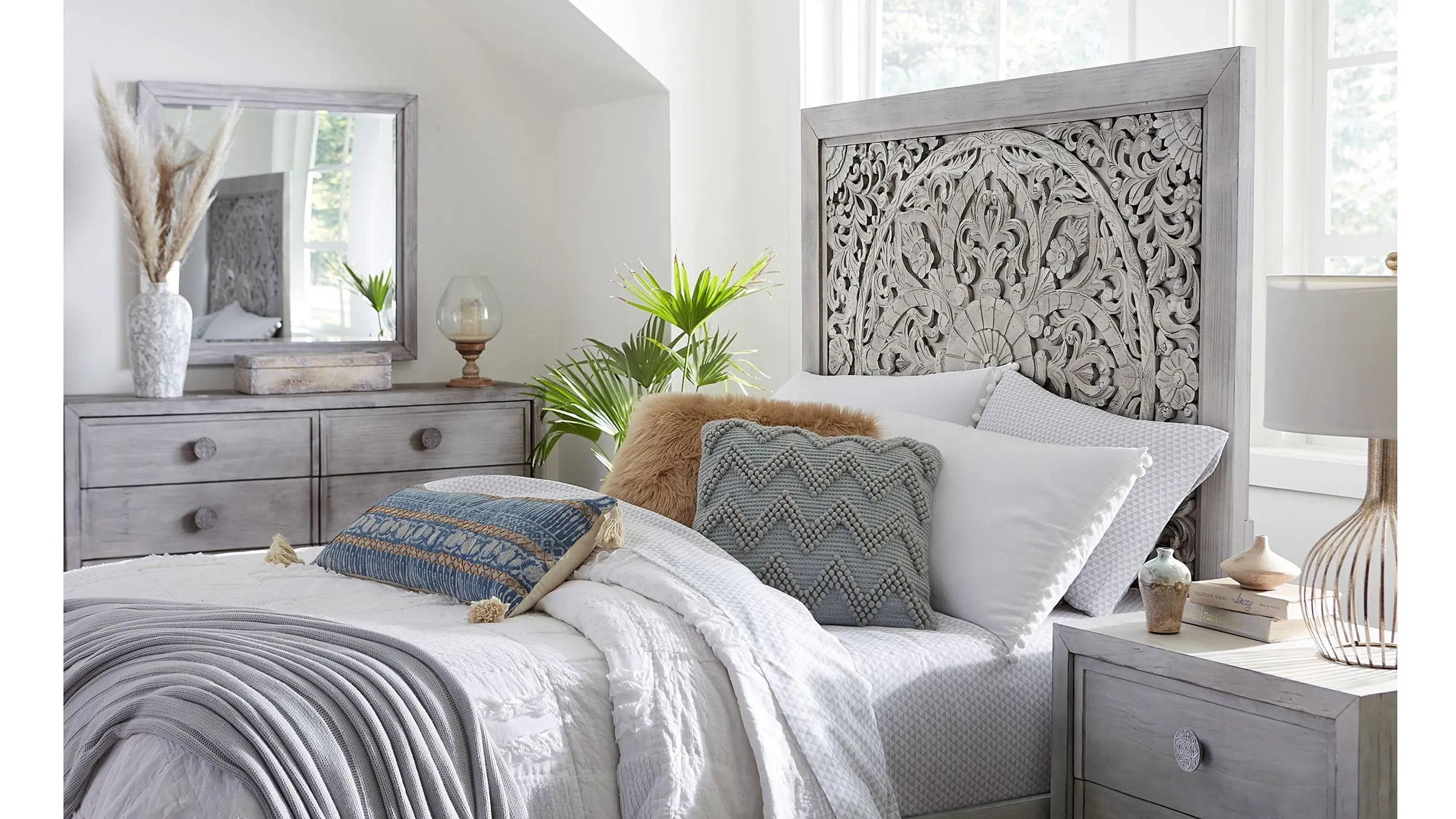 Carved Wood Bed: Hand-Carved Mandala, Whitewashed Finish