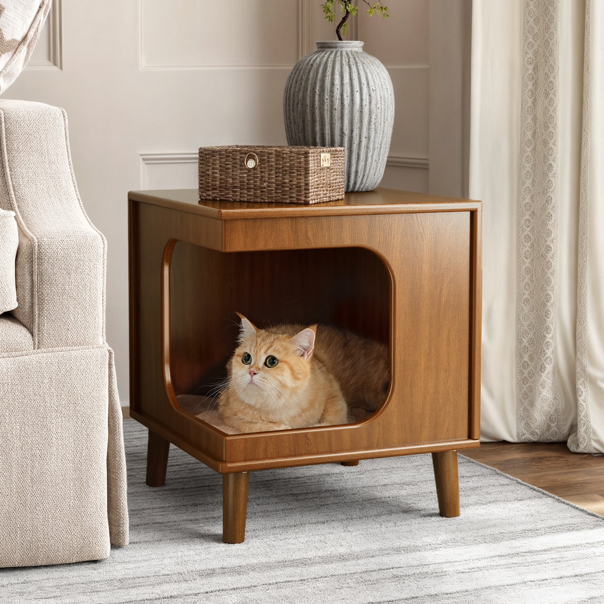 Cat Bed Side Table Tapered Legs Wooden Side Table Hideout