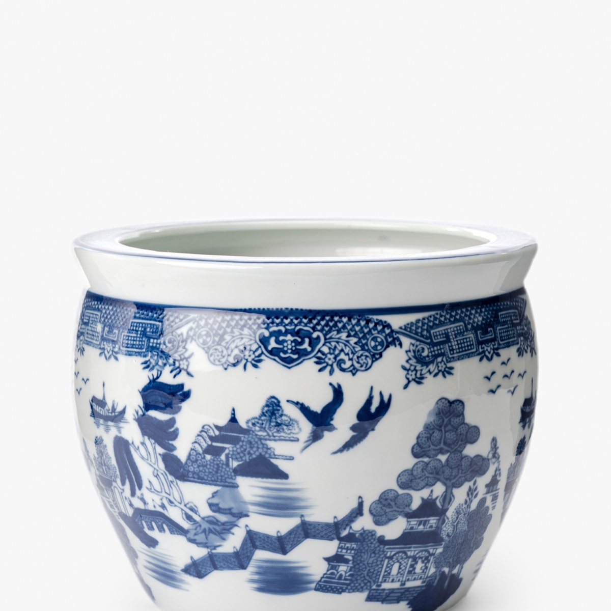 Ceramic Planter: Blue Willow Style Scenic Pattern Landscape Planter