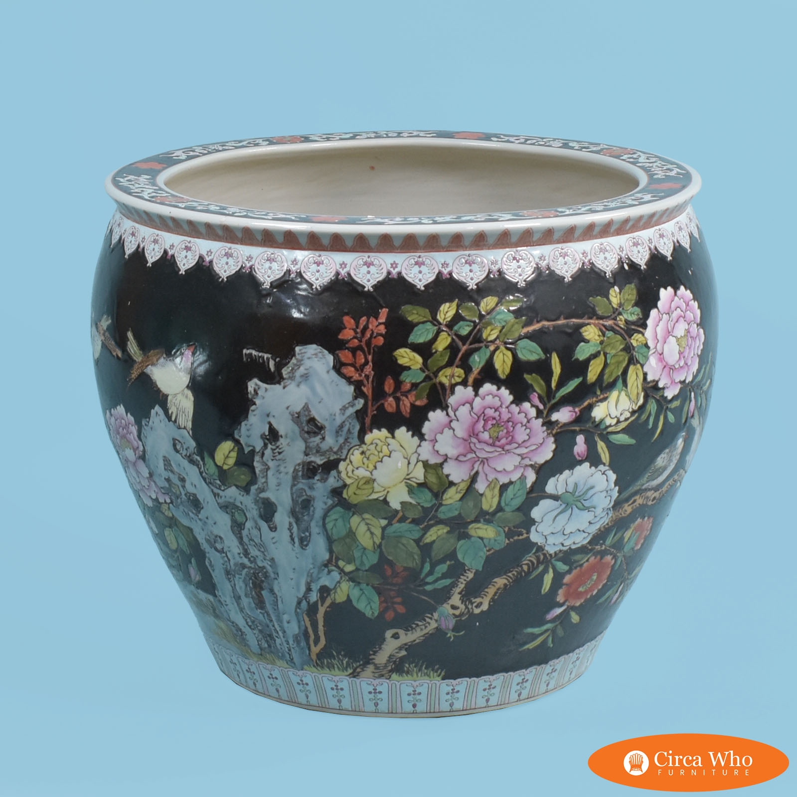 Ceramic Planter: Ebony Black Ground Hand-Painted Botanical Flower Pot