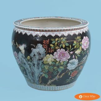 Ceramic Planter: Ebony Black Ground Hand-Painted Botanical Flower Pot