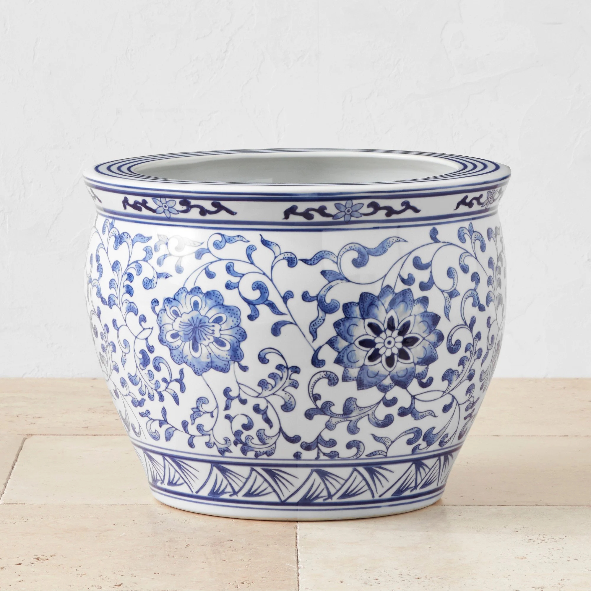 Ceramic Planter: Floral Vine Pattern & Cobalt Blue Porcelain Garden Pot