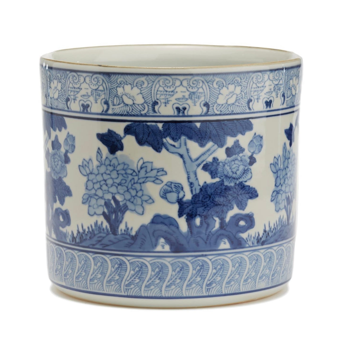 Ceramic Planter: Garden Scene Motif Cylindrical Shape & Porcelain Motif