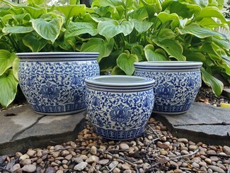 Ceramic Planter: Graduated Set & Floral Scrollwork Decorative Garden Set