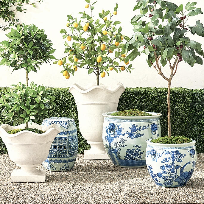 Ceramic Planter: Handpainted Ming Patterns & Scalloped White Garden Urns