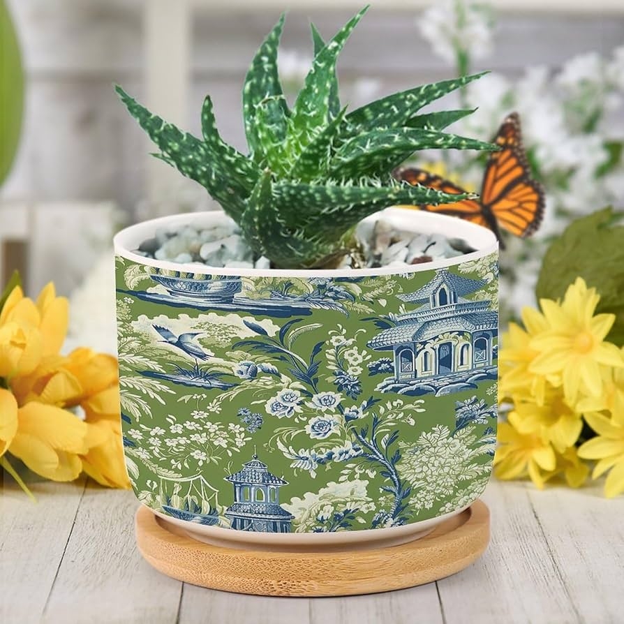 Ceramic Planter: Sage Green Chinoiserie Pagoda Style with Bamboo Tray