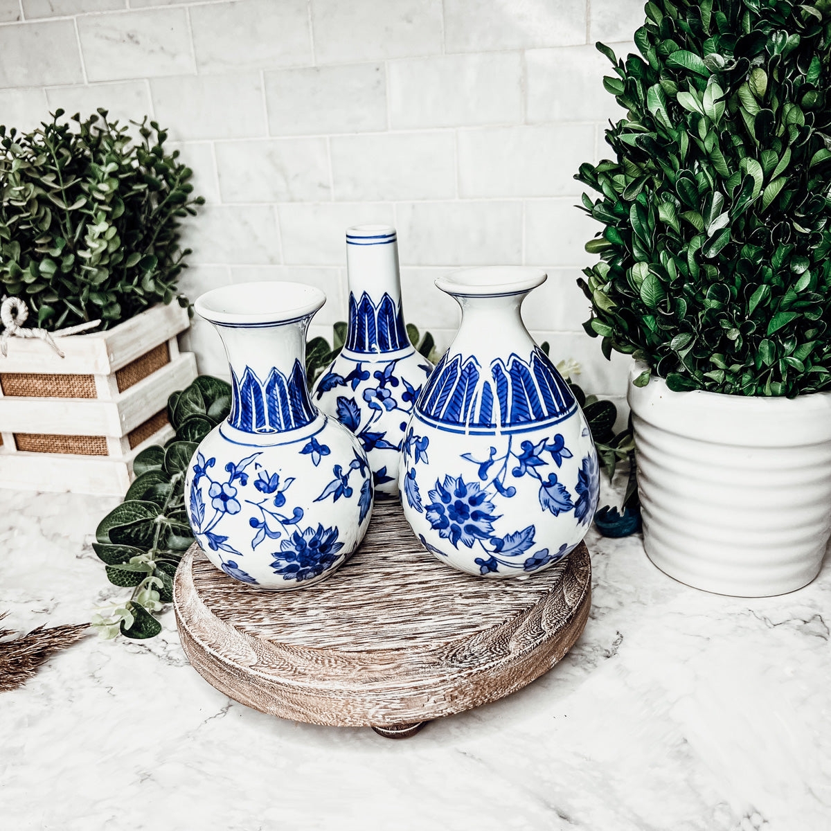 Ceramic Vase Pedestal Stand Blue Chinoiserie Kitchen Set