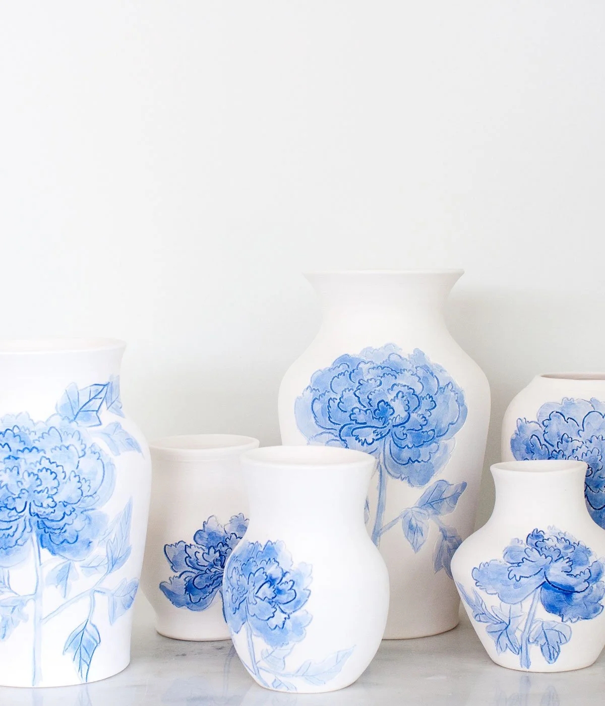 Ceramic Vase Set Watercolor Peony Motif Artisanal Decor
