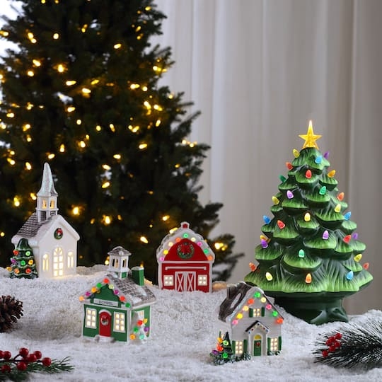 Ceramic Village Set: Multi Colored Lights and Glossy Finish