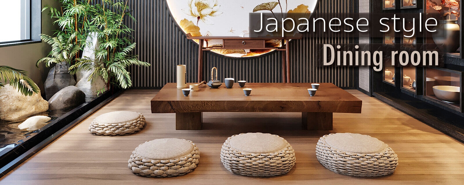 Chabudai Table with Thick Slab Top and Woven Cushions