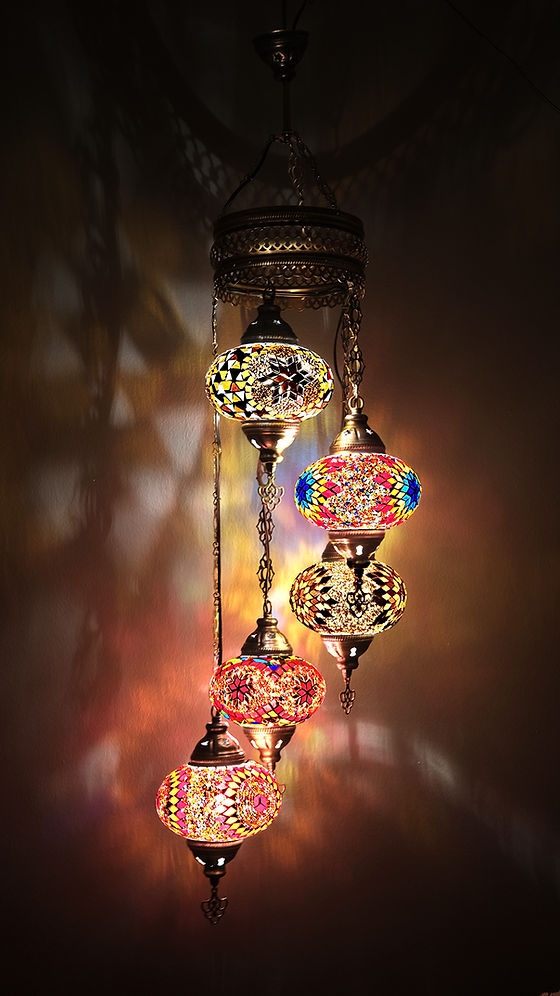 Chandelier Five Globes Mosaic Tiered Spiral Antique Bronze