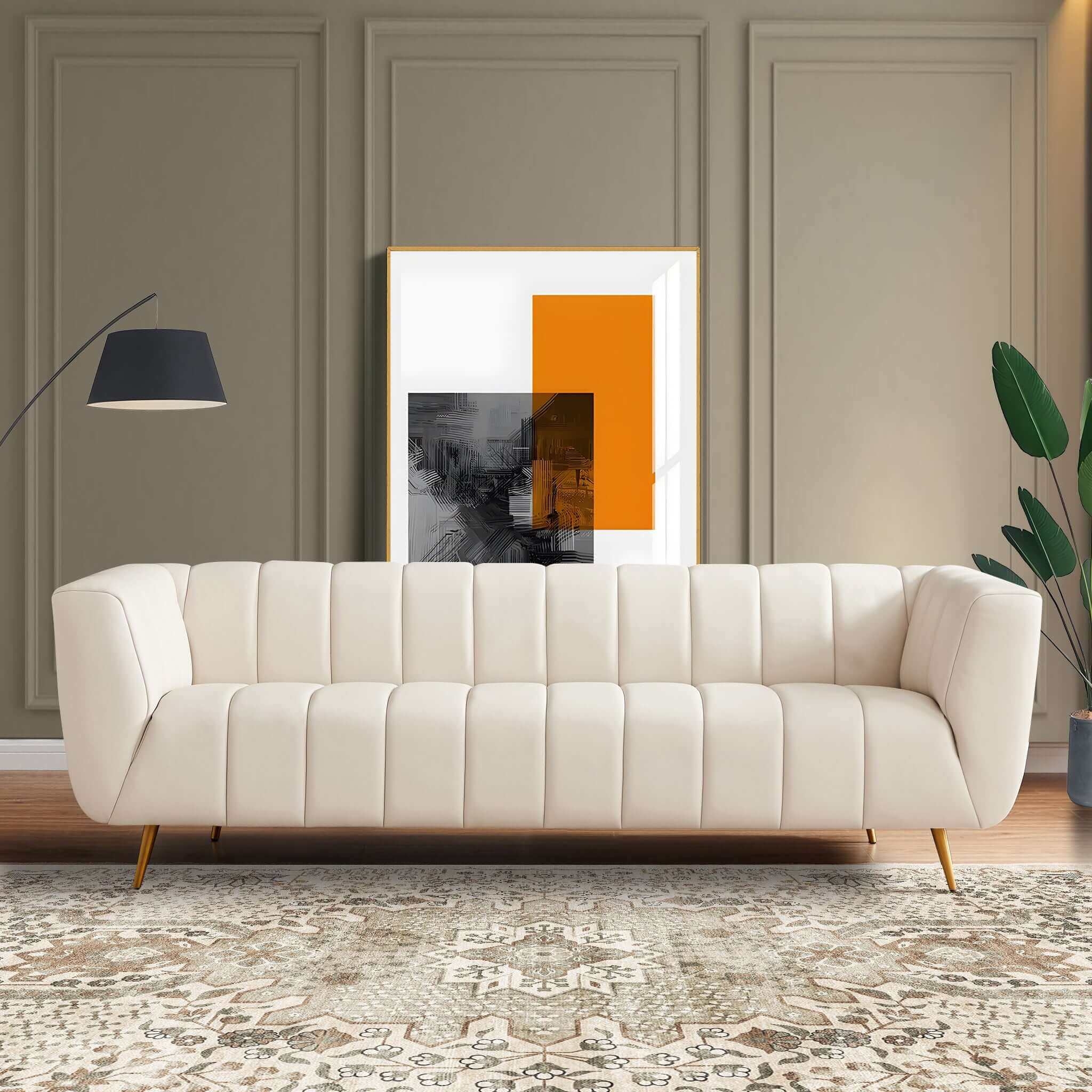 Channel Tufted Sofa With Vertical Ribbing: Luxe Metallic Detail