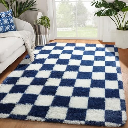 Checkerboard Area Rug Shaggy Navy Grid Pattern Rug