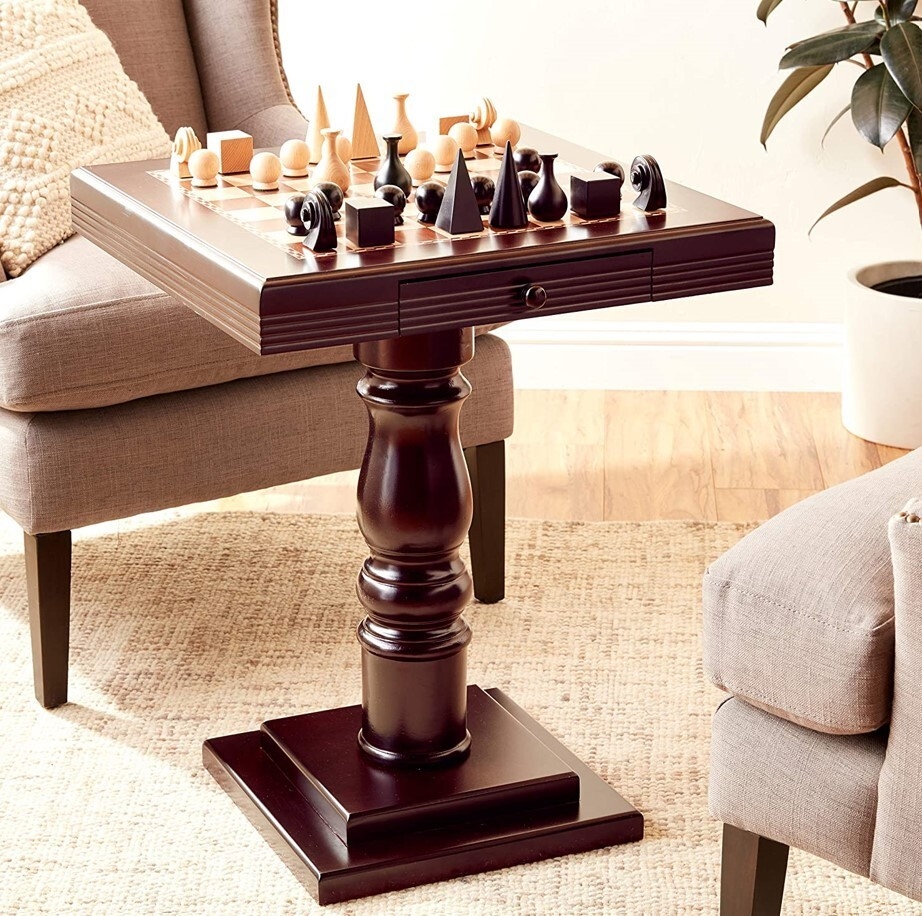 Chess Table: Espresso Game Table Geometric Pieces