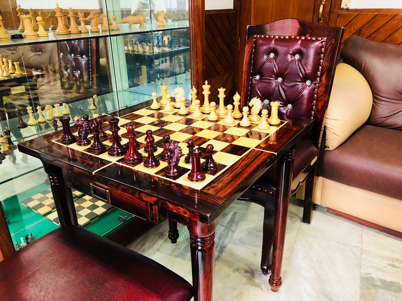 Chess Table Set: Heirloom Quality Set Tufted Burgundy