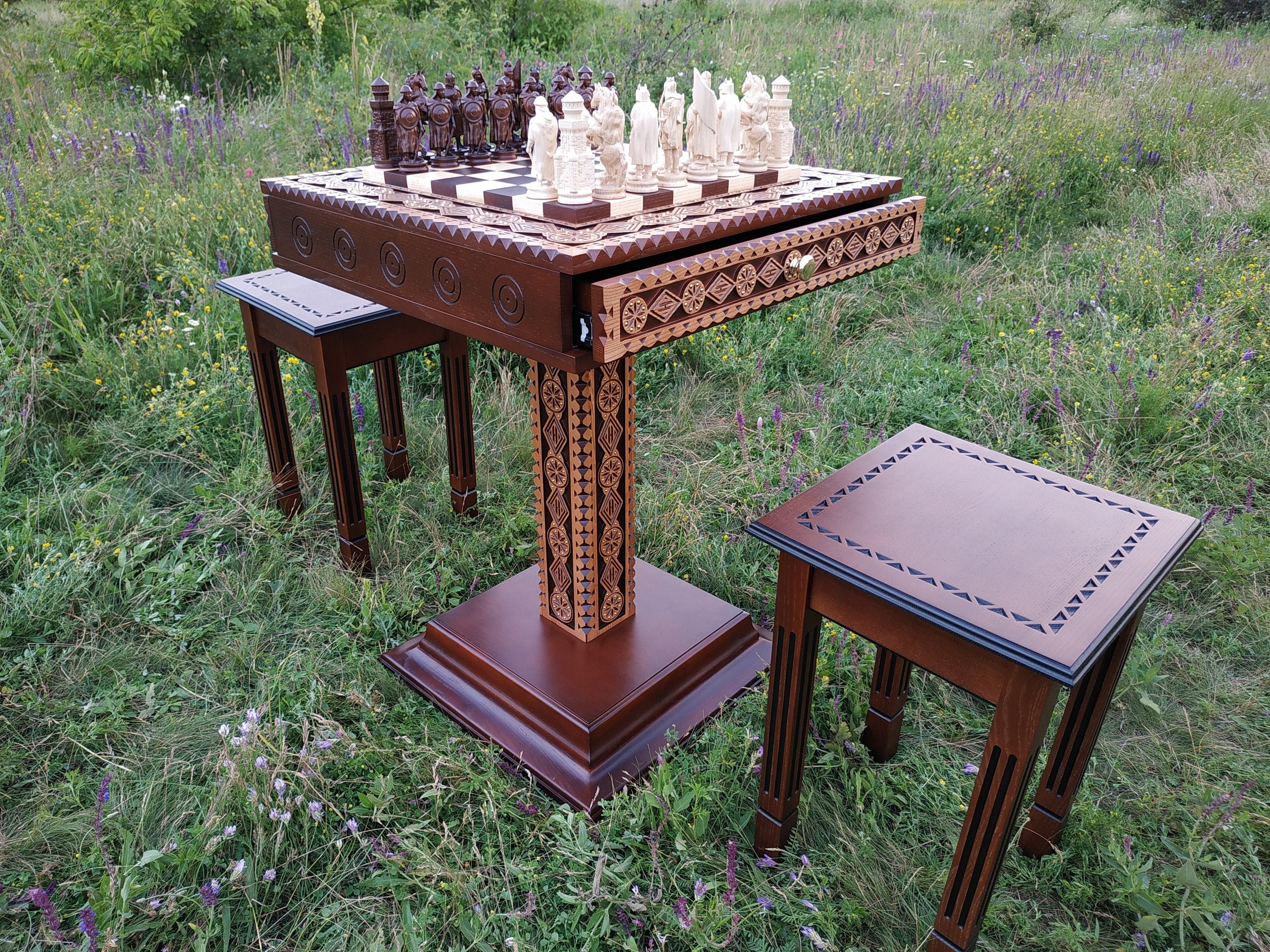 Chess Table Set: Traditional Carved Pedestal Table
