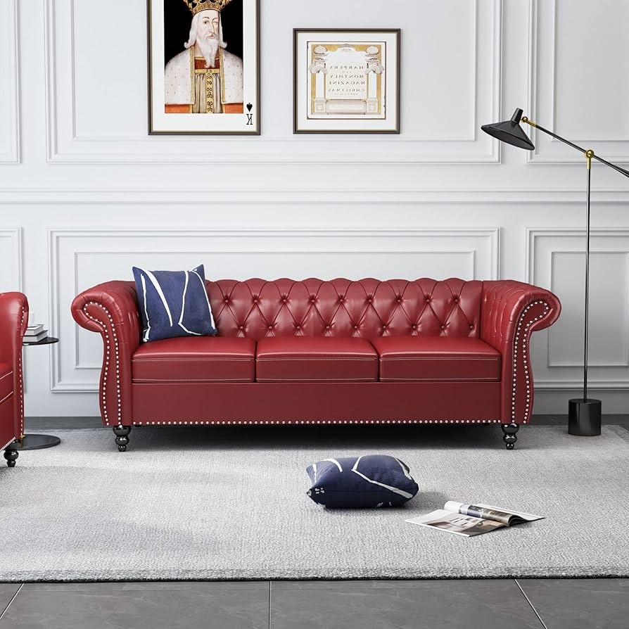 Chesterfield Sofa Burgundy Leather With Silver Nailheads Seating Decor