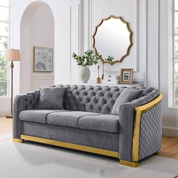 Chesterfield Sofa Charcoal Gold Stainless Trim Couch