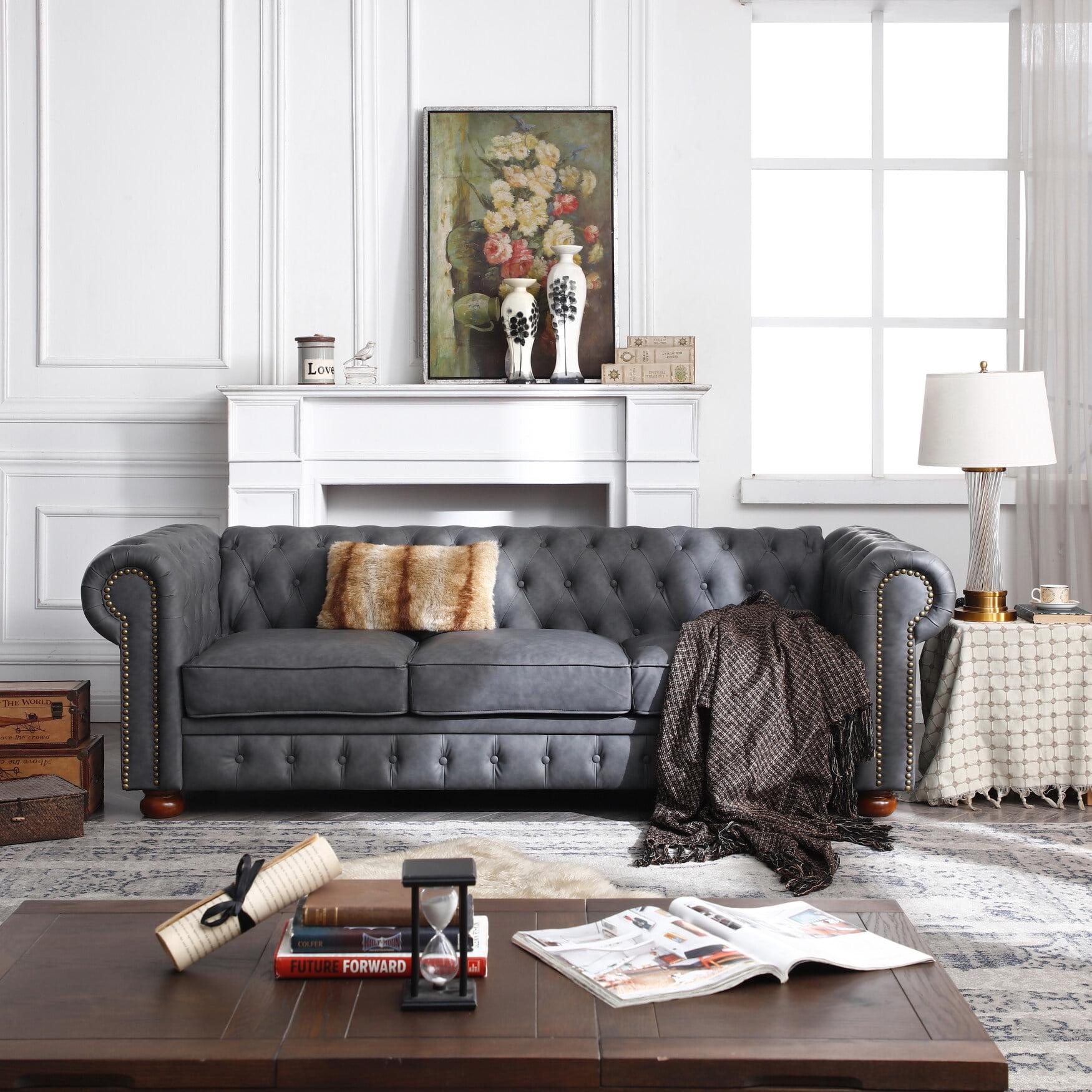 Chesterfield Sofa Dark Faux Leather Seating Furniture