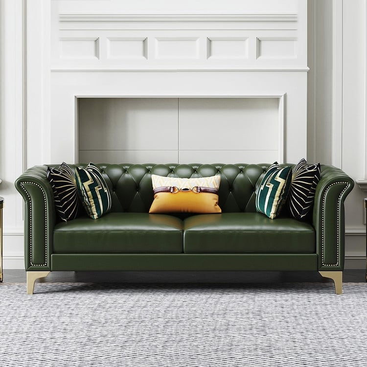 Chesterfield Sofa: Gold Block Legs Forest Green Microfiber