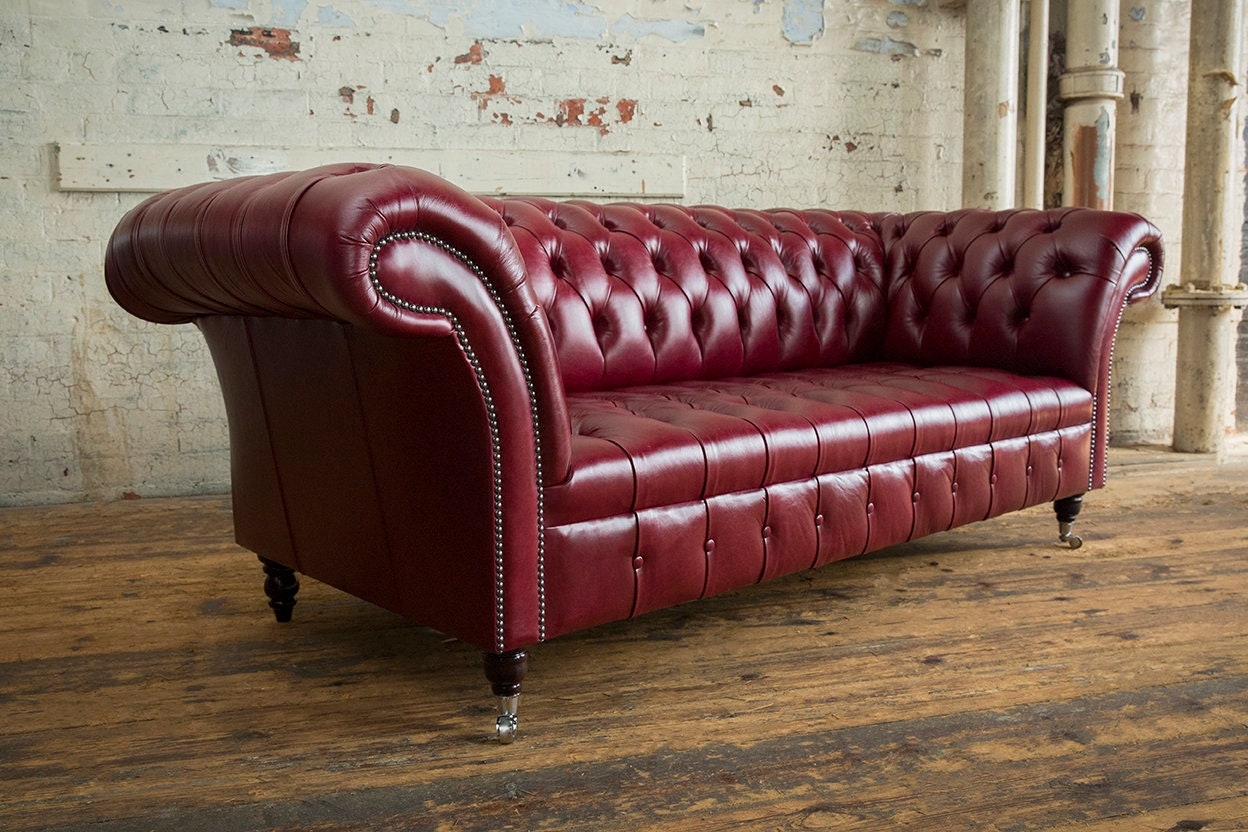 Chesterfield Sofa In Burgundy Industrial Luxury Furniture Front Casters
