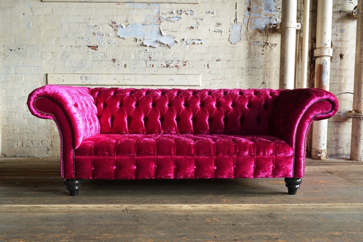 Chesterfield Sofa in Fuchsia Pink Crushed Velvet Fabric