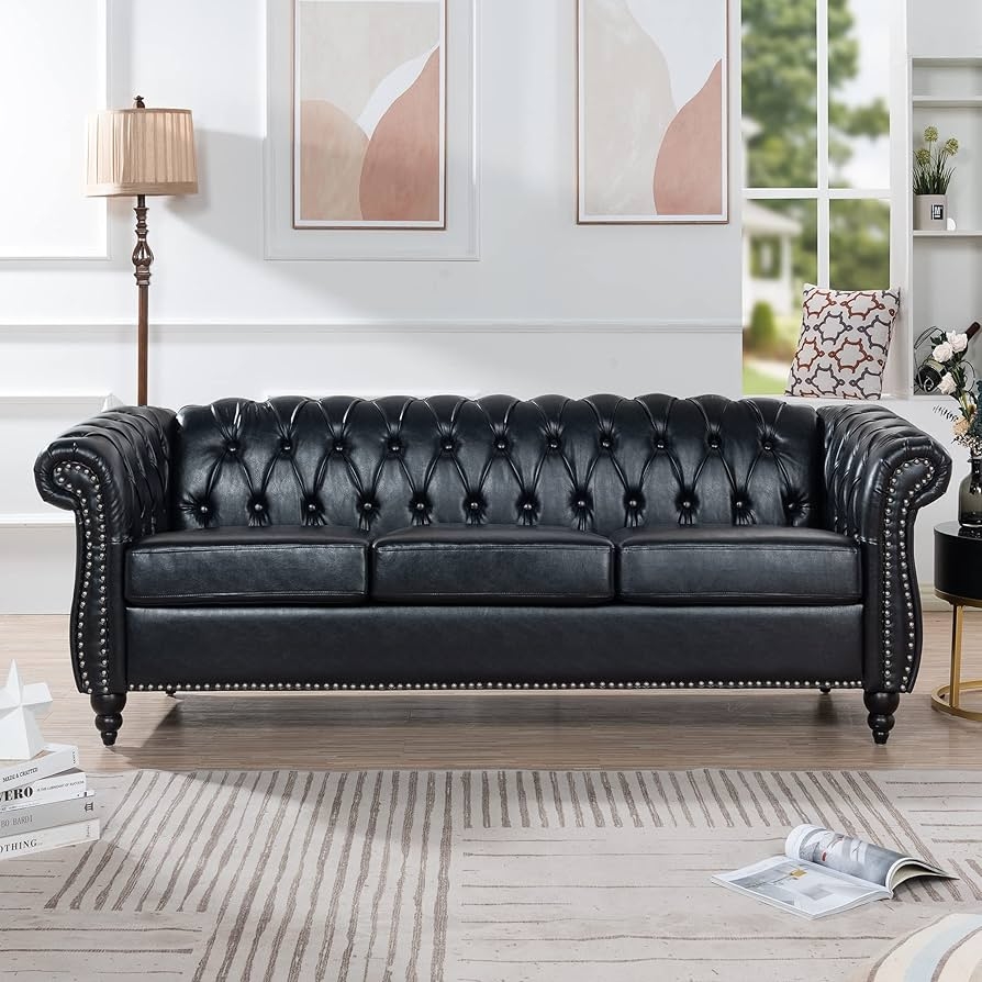 Chesterfield Sofa Matte Black Diamond Tufting Couch