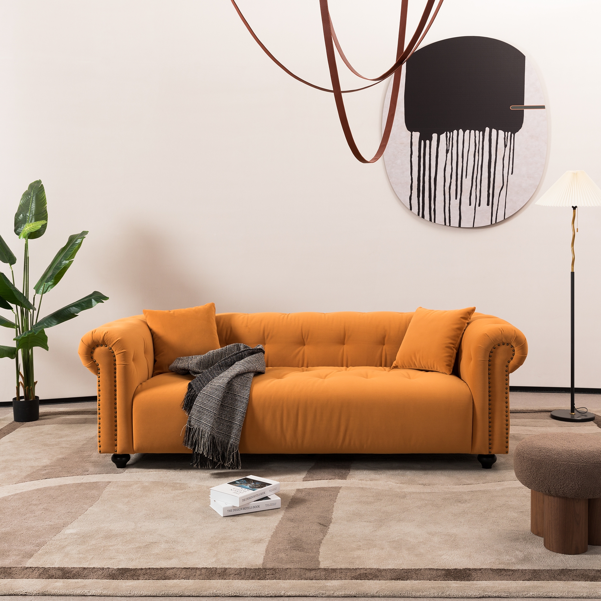 Chesterfield Sofa: Nailhead Trim Bold Orange Retro Seating