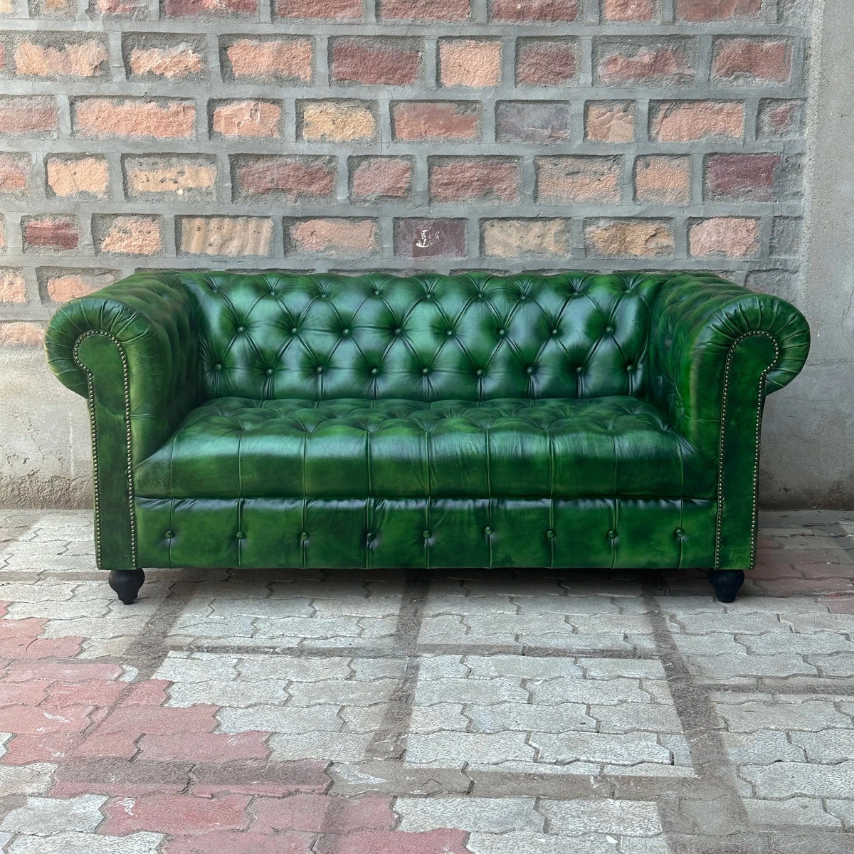 Chesterfield Sofa Polo Green Leather with Nailhead Trim and Bun Feet