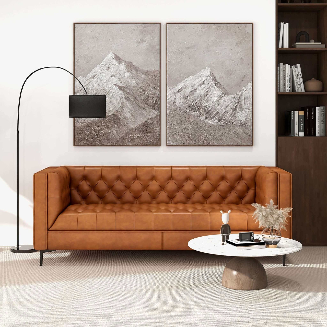 Chesterfield Sofa Tuxedo Silhouette Diamond Tufted Cognac