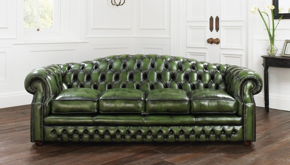 Chesterfield Sofa with antique green leather and 4 cushions