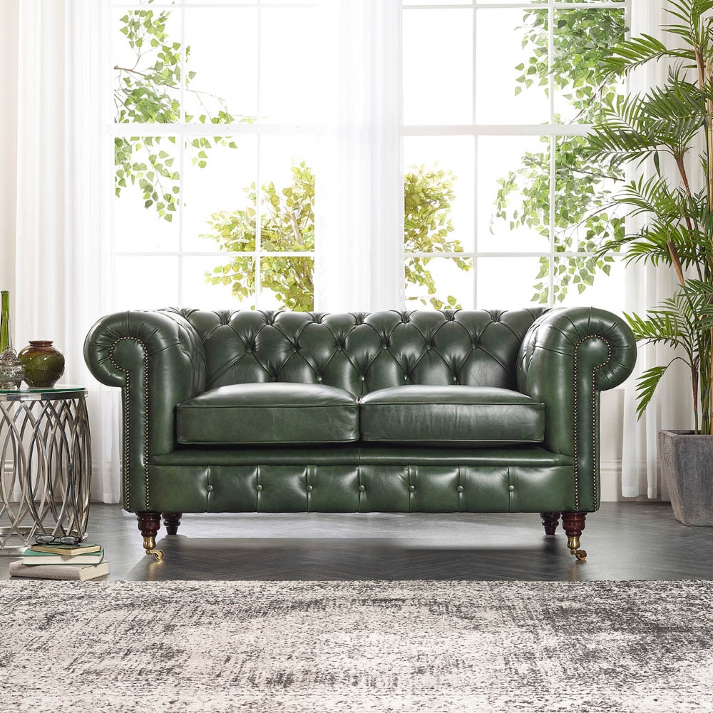 Chesterfield Sofa with brass casters and forest green