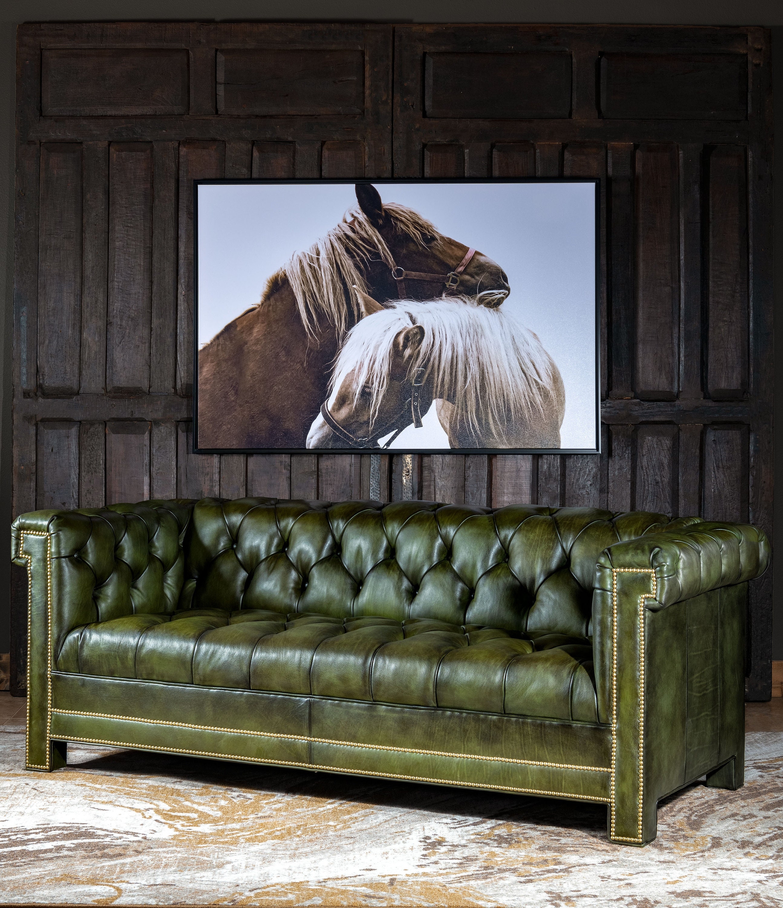 Chesterfield Sofa with Brass Nailhead Trim for Rustic Equestrian Vibe