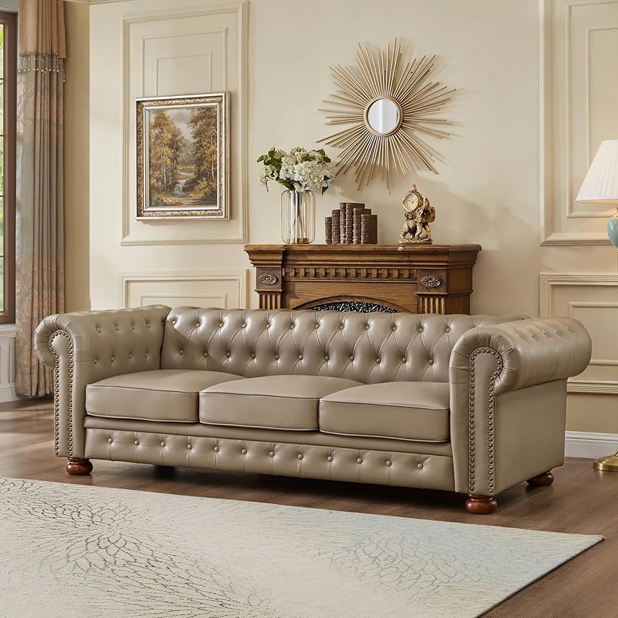 Chesterfield Sofa With Deep Button Tufting: Khaki Classic Couch