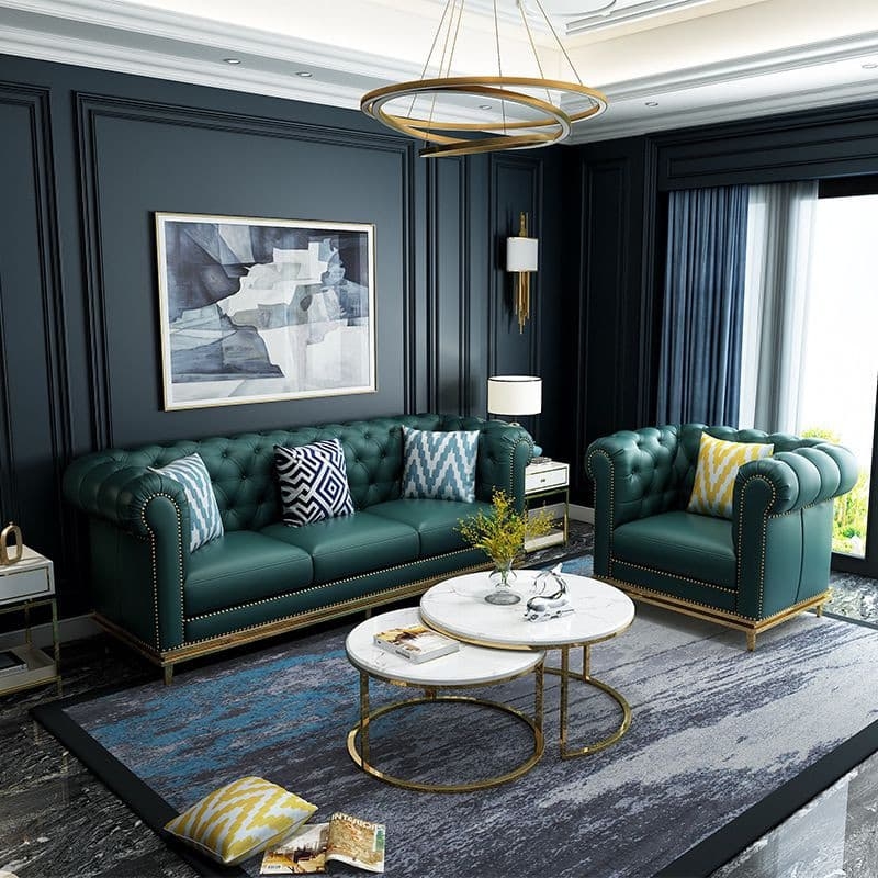 Chesterfield Sofa with gold nailhead and emerald green