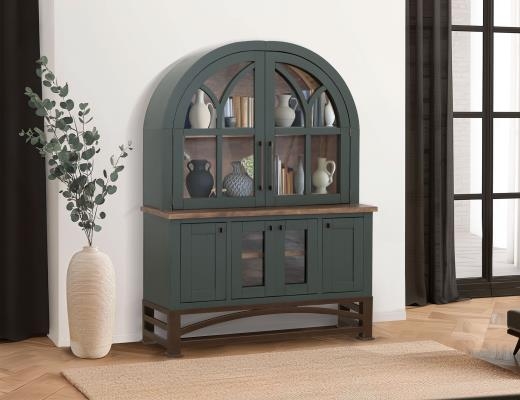 China Cabinet Hutch with Cathedral Mullions Slate Gray