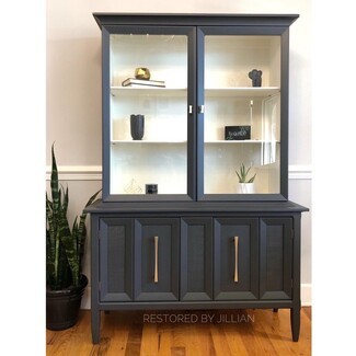 China Cabinet with Cane Insets Charcoal Grey Finish