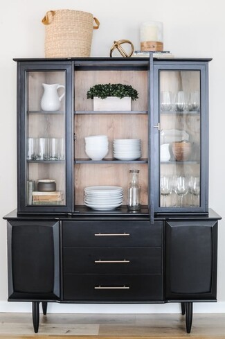 China Cabinet with Matte Black Frame and Wood Interior