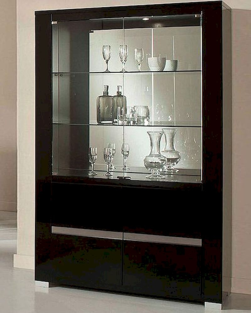 China Cabinet with Mirrored Interior and Silver Trim
