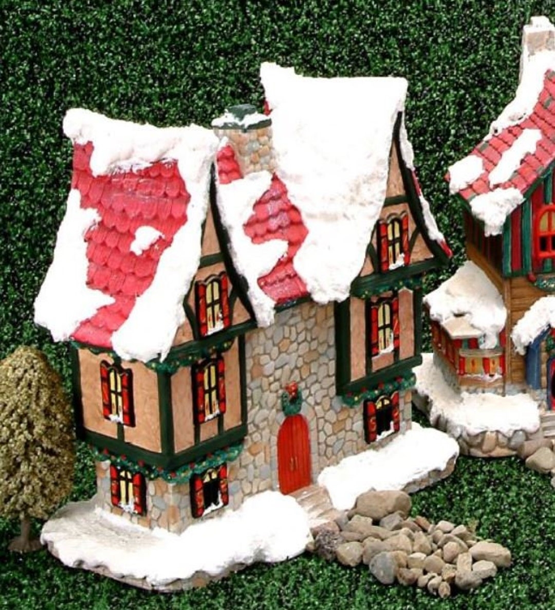 Christmas Village House: Cobblestone Walls and Snow Capped Roof