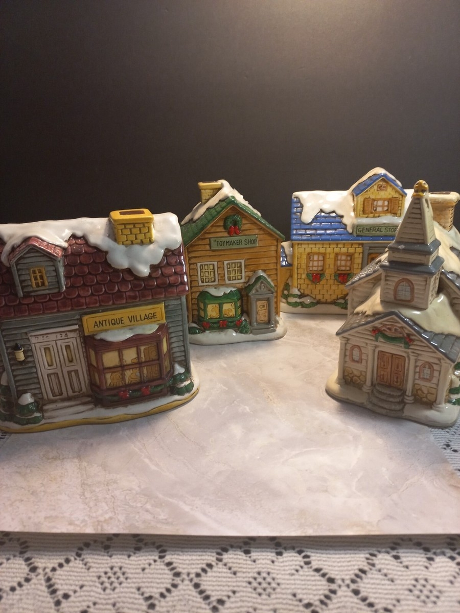 Christmas Village Set: Hand Painted Signs and Snowy Ceramic
