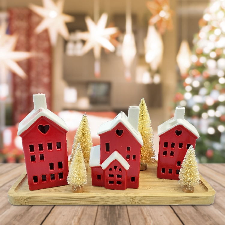 Christmas Village Set: Heart Cutouts and Bamboo Display Base
