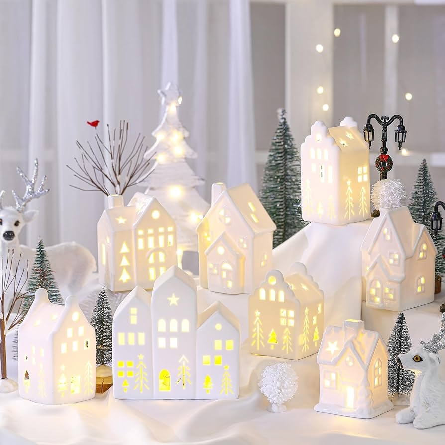 Christmas Village Set: LED Monochromatic Holiday Tabletop Scene