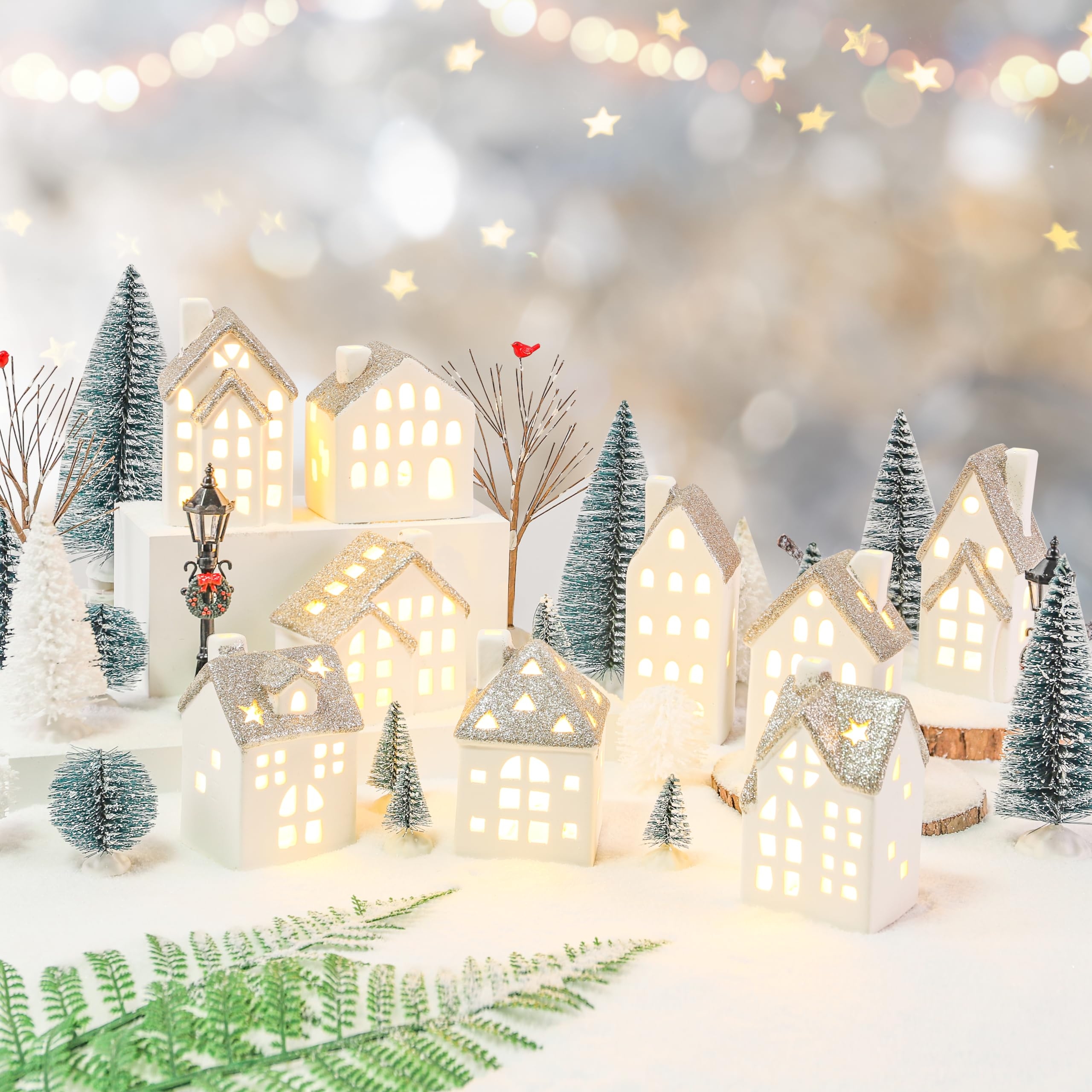 Christmas Village Set: Shimmering Glitter Roofs and Arctic Porcelain