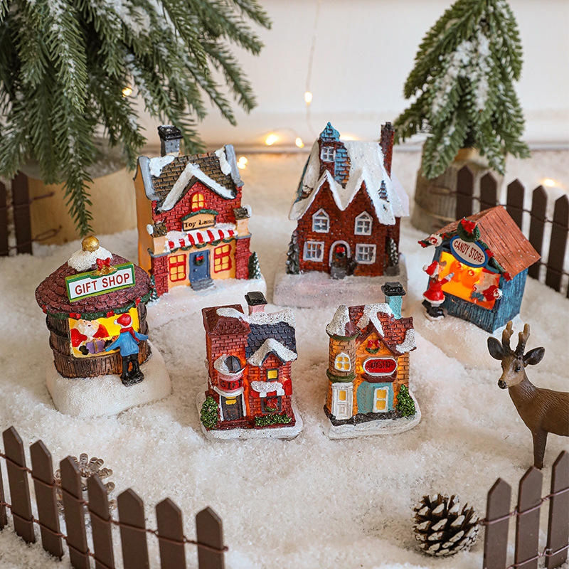 Christmas Village Set: Snowy Rooftops with Picket Fence Border